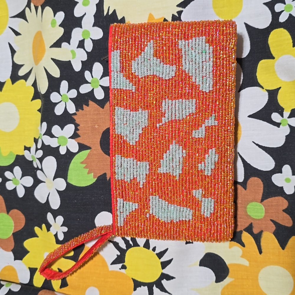 YOA beaded clutch in iridescent orange